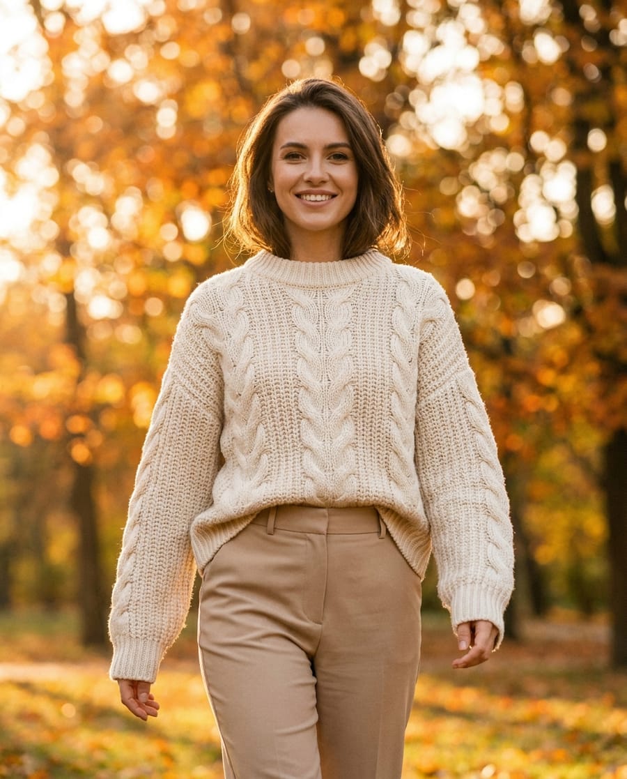 AI-modelfoto van PixAds: vrouwelijk model in een crème gebreide trui in een herfstpark